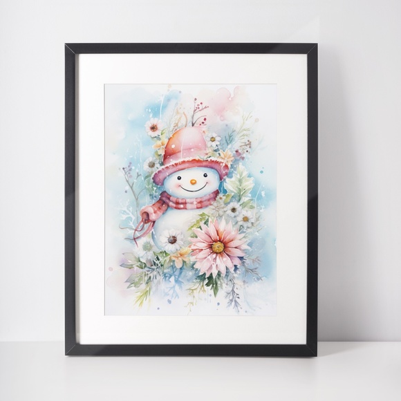 Watercolor Snowman Christmas Theme Wall Art Illustration Print Unframed - Picture 3 of 5